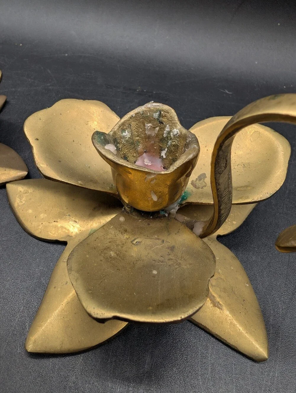 Pair Vintage Brass Orchid Flower Candlestick Holders